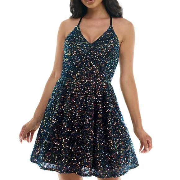 BCX (Macy's) Sequined V-Neck Crisscrossed Fit and Flare Dress Junior Size 3 GLAM - Picture 1 of 10